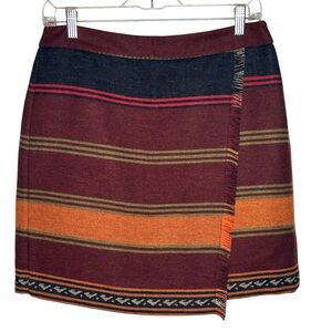 Ann Taylor LOFT Sz 6 Wool Blend Faux Wrap Skirt Striped Frayed Trim